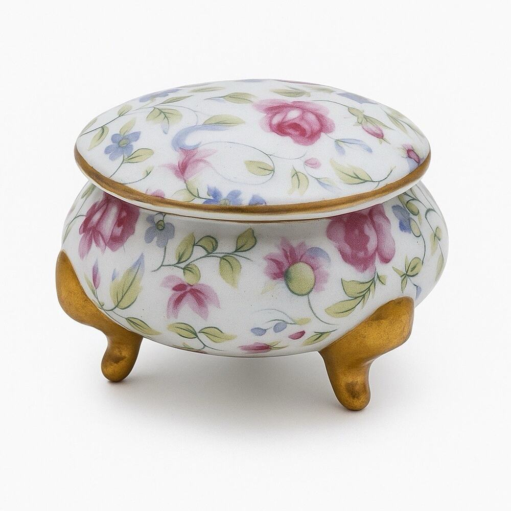 VTG Japan Floral Shabby Chic Cottagecore Dresser Trinket Jar Porcelain Gold Feet